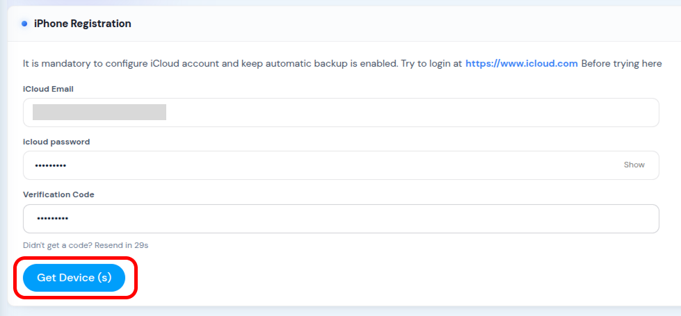 Click "Get Device(s)" to continue. If it doesn't arrive, wait for the timer, then resend.
