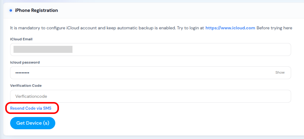 Click "Resend Code via SMS" below the code box.