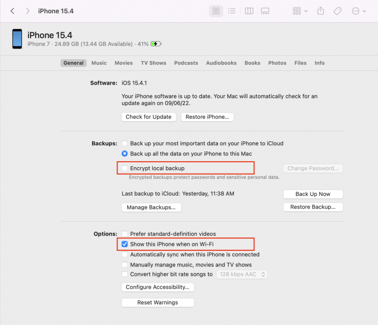 Finder — Backup settings