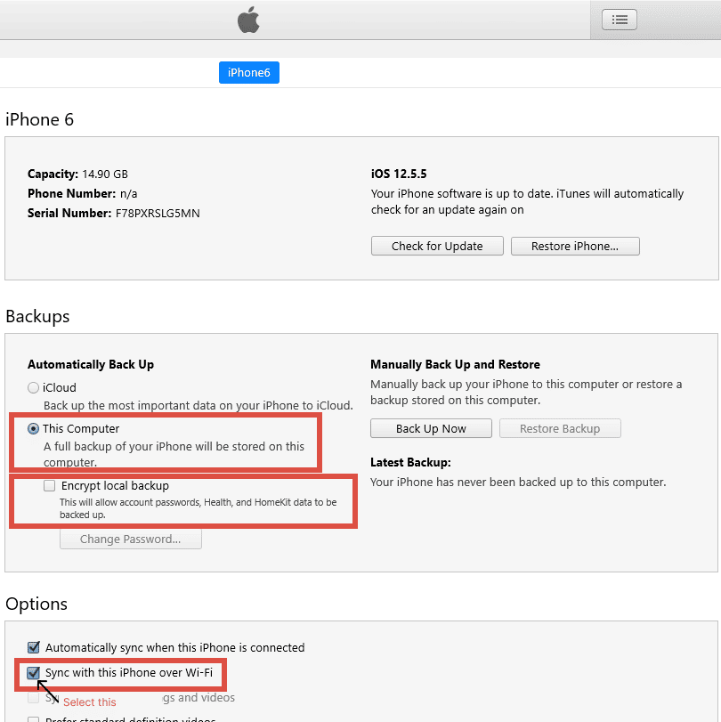 iTunes — Backup settings