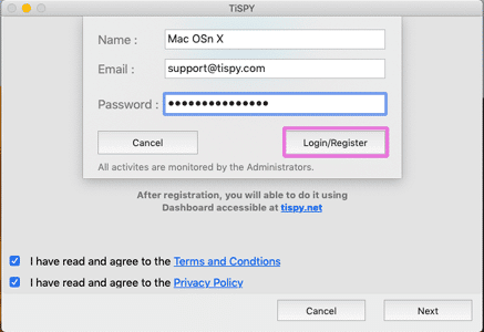 输入您 TiSPY 账户的姓名、电子邮件和密码，然后点击 "Login/Register"。