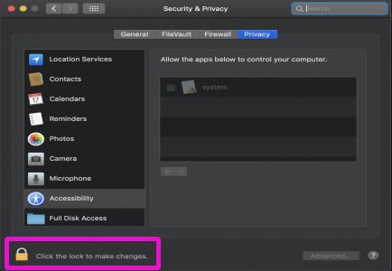 在 Security & Privacy → Privacy → Accessibility 中，点击锁图标以进行更改。