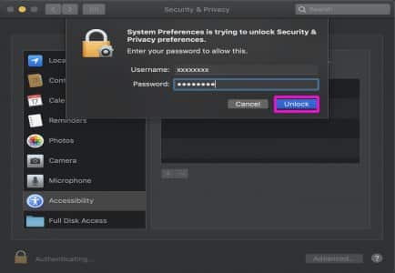 输入您的 Mac 密码并点击 "Unlock"。