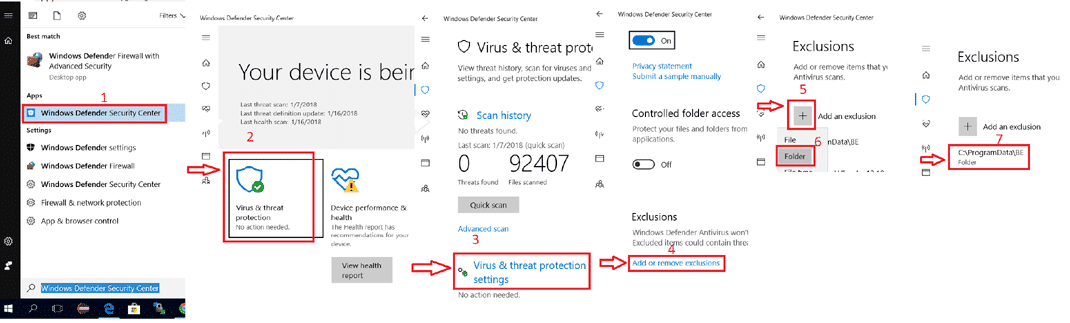 Virus & threat protection settings on Windows Defender