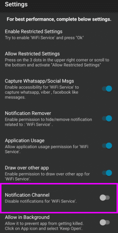 Disable notification for WiFi Service