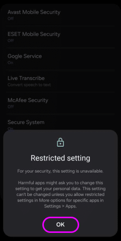 Restricted settings Ok